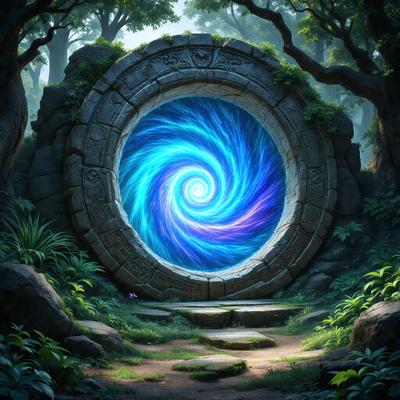 The primary subject of the image is a large, blue spiral-shaped doorway, which appears to be a part of a stone structure. The doorway is situated in a forest setting, surrounded by trees and plants. The visual style of the image is a digital art or illustration, with a vibrant and colorful atmosphere. The dominant colors in the scene are blue and purple, which create a sense of depth and intrigue.